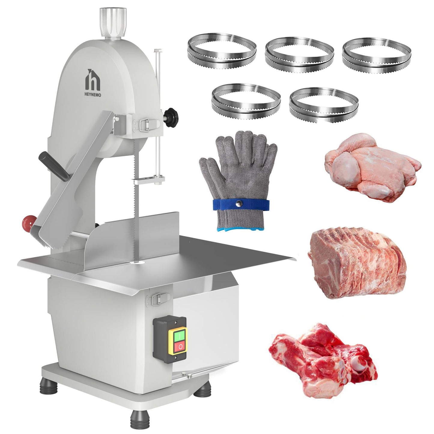 Sunvivi 1500W Electric Bone Saw Machine with 5 Saw Blades, 0.16-7.9 Inch Cutting Thickness, 120V Meat Cutter Machine Commercial Bandsaw, 20x15in Table Sawing for Frozen Meat, Fresh Bone Meat