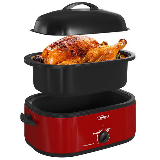 Sunvivi 20 Quart Electric Roaster Oven Turkey Roaster with Lid Electric Roasters with Removable Pan Large Roaster,Self-Basting Lid,Fast Heating & Thaw/Warming Setting,Red