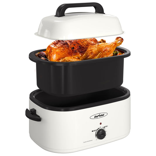 Sunvivi 22 Quart Electric Turkey Roaster Oven with Visible Glass Lid,and Removable Pan & Rack, Stainless Steel,White