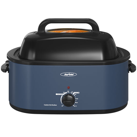 Sunvivi 24 Quart Electric Turkey Roaster Oven with Visible Glass Lid,Removable Pan & Rack, Stainless Steel, Blue