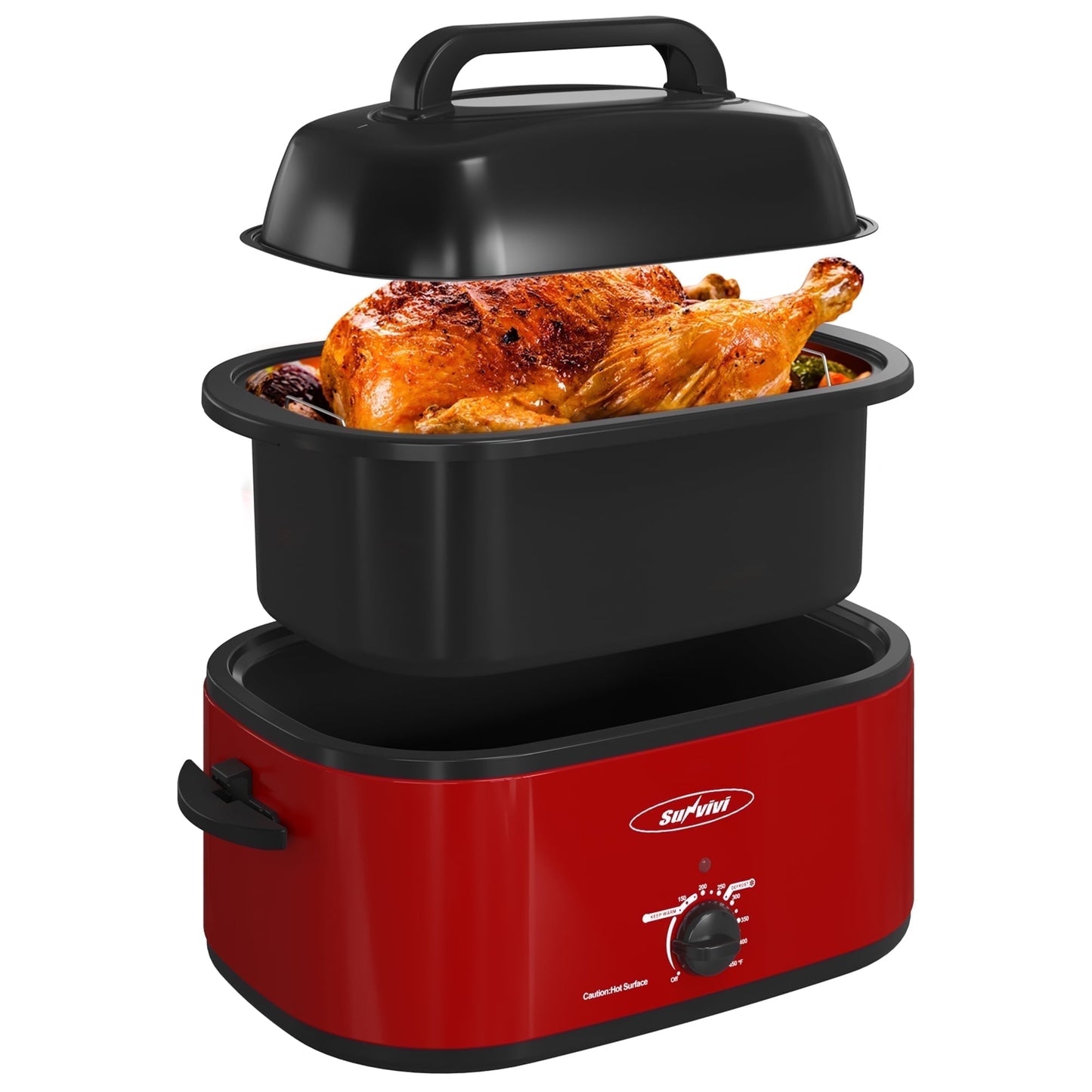 Sunvivi 24 Quart Electric Turkey Roaster Oven with Visible Glass Lid,Removable Pan & Rack, Stainless Steel,Red