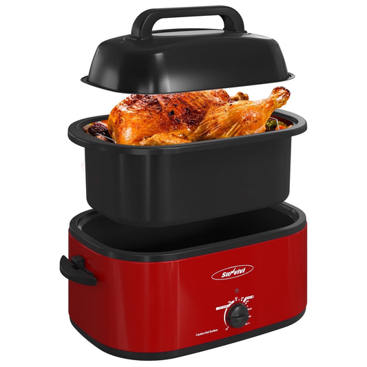 Sunvivi 24 Quart Electric Turkey Roaster Oven with Visible Glass Lid,Removable Pan & Rack, Stainless Steel,Red