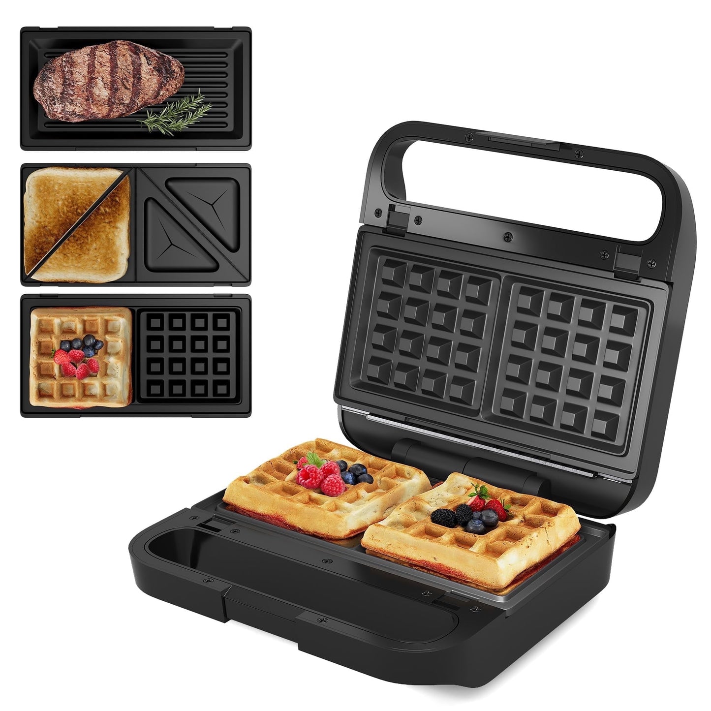 Sunvivi 3 in1 Sandwich Maker, Electric Waffle Maker with Removable Non-stick Plates, 850W Panini Press Grill with Glass Top, Cool Touch Handle & Easy to Clean, Black