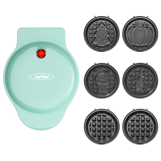 Sunvivi 6-in-1 Mini Waffle Maker, 4" Waffle Iron with Nonstick Removable Plates (Santa, Christmas Tree, Witch, Pumpkin), Light Blue