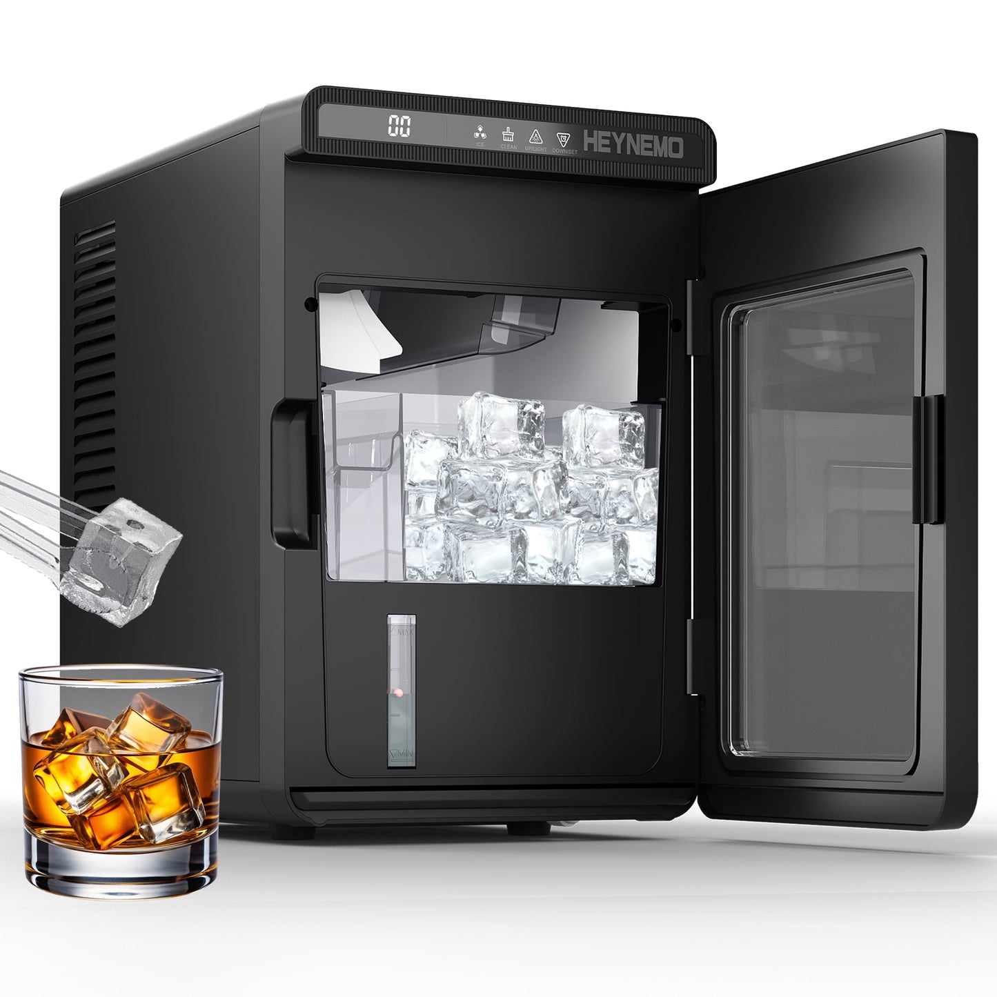 Sunvivi Clear Ice Maker for Home ¨C Compact Countertop Ice Machine with 1.6" Square Ice Cubes, Self-Cleaning, LED Light & Timer, Portable Electric Ice Maker for Kitchen, Bar, RV, Black