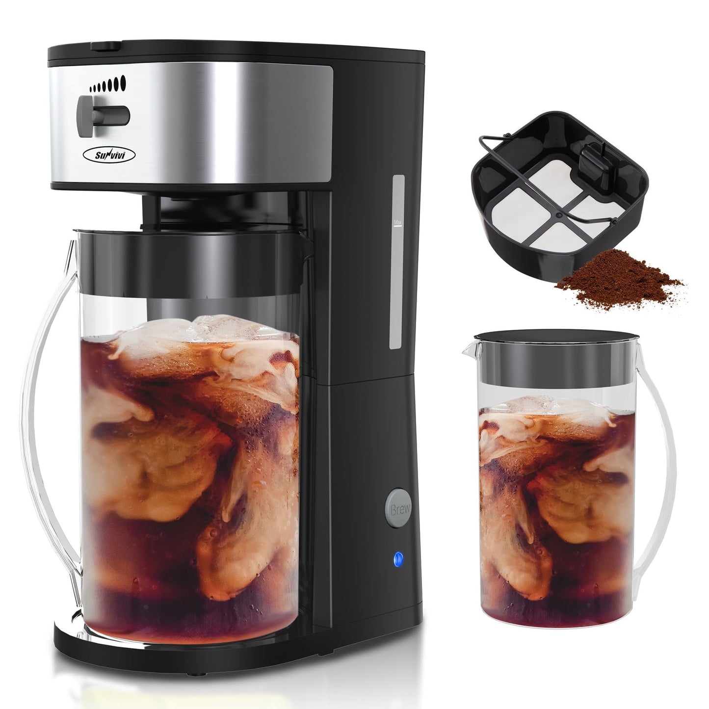 Sunvivi Iced Tea Maker with 2.5-Quart Pitcher, Iced Coffee Brewing Maker for Ground Coffee, Tea Bags, Loose Leaf Tea, 7 Cups Coffee Machines for Home, Strength Control for Flavor, Black