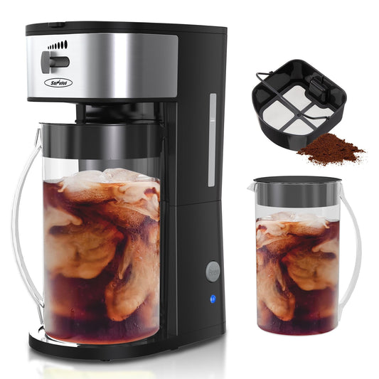 Sunvivi Iced Tea Maker with 2.5-Quart Pitcher, Iced Coffee Brewing Maker for Ground Coffee, Tea Bags, Loose Leaf Tea, 7 Cups Coffee Machines for Home, Strength Control for Flavor, Black