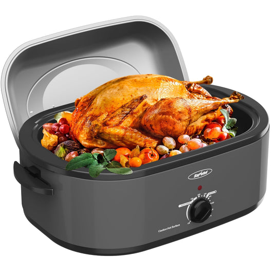 Sunvivi Roaster Oven with Self-Basting Lid, 18qt Electric Roaster with Removable Pan & Rack, Turkey Roaster Oven with Defrost & Warm Function, Stainless Steel, Grey