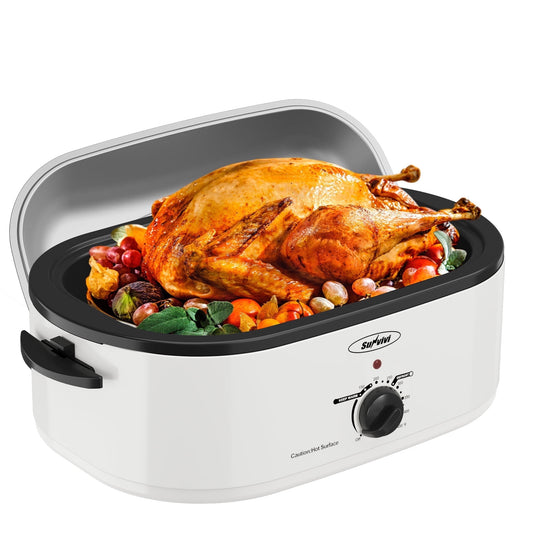 Sunvivi Roaster Oven with Self-Basting Lid, 18qt Electric Roaster with Removable Pan & Rack, Turkey Roaster Oven with Defrost & Warm Function, Stainless Steel, White