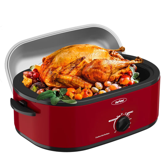 Sunvivi Roaster Oven with Self-Basting Lid, 20qt Electric Roaster with Removable Pan & Rack, Turkey Roaster Oven with Defrost & Warm Function, Stainless Steel, Red