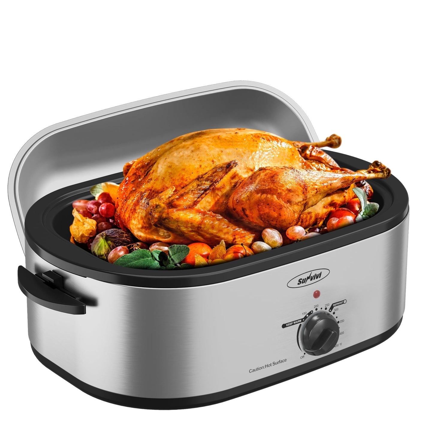 Sunvivi Roaster Oven with Self-Basting Lid, 20qt Electric Roaster with Removable Pan & Rack, Turkey Roaster Oven with Defrost & Warm Function, Stainless Steel, Silver