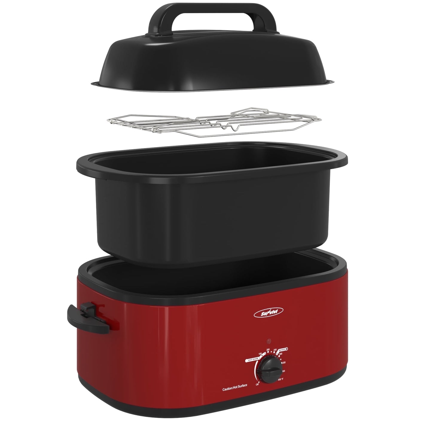 Sunvivi Roaster Oven with Self-Basting Lid, 22qt Electric Roaster with Removable Pan & Rack, Turkey Roaster Oven with Defrost & Warm Function, Stainless Steel, Red