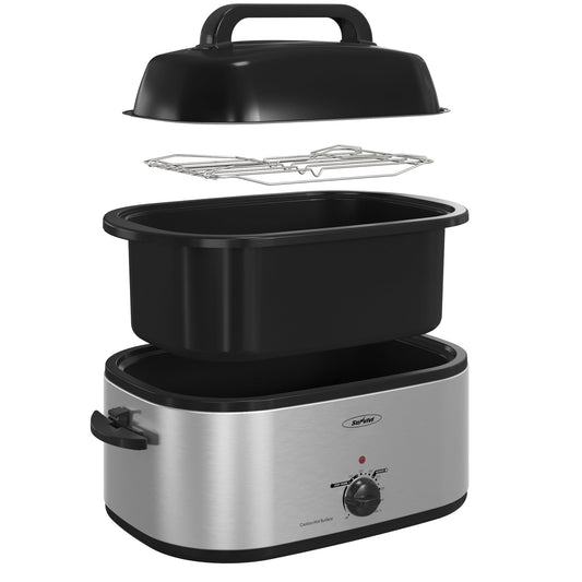 Sunvivi Roaster Oven with Self-Basting Lid, 24qt Electric Roaster with Removable Pan & Rack, Turkey Roaster Oven with Defrost & Warm Function, Stainless Steel, Silver