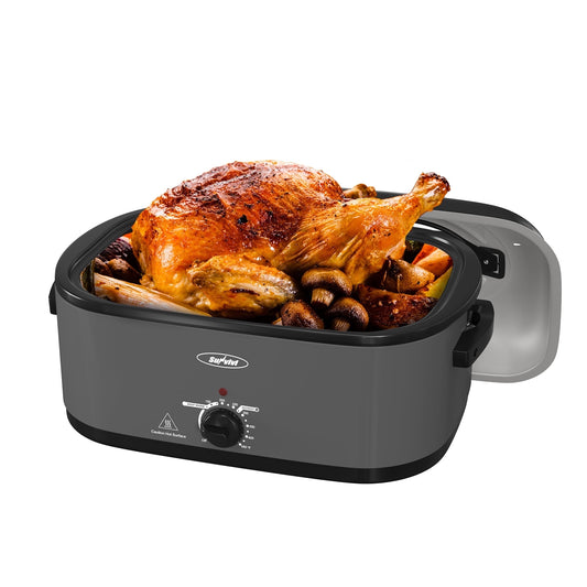 Sunvivi Roaster Oven with Self-Basting Lid, 26qt Electric Roaster with Removable Pan & Rack, Turkey Roaster Oven with Defrost & Warm Function, Stainless Steel, Grey