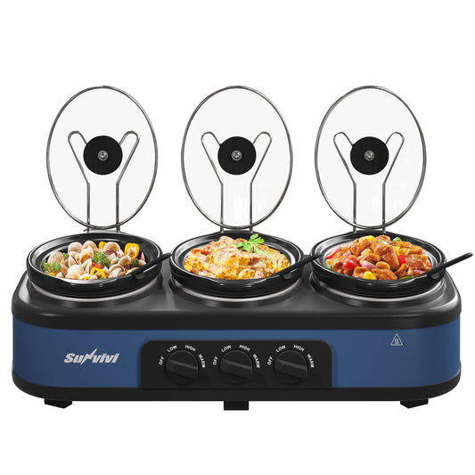 Sunvivi Triple Slow Cooker Food Warmer, 3 Removable Ceramic Pots (2.5 QT Each), Adjustable Temp & Stainless Steel Lids, Blue