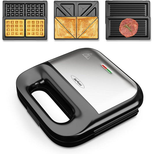 Sunvivi Waffle Iron, Panini Press Grill and Sandwich Maker Set, 3 in1 Electric Sandwich Press with Removable Non-Stick Plates, Indicator Lights & Cool Touch Handle 750W