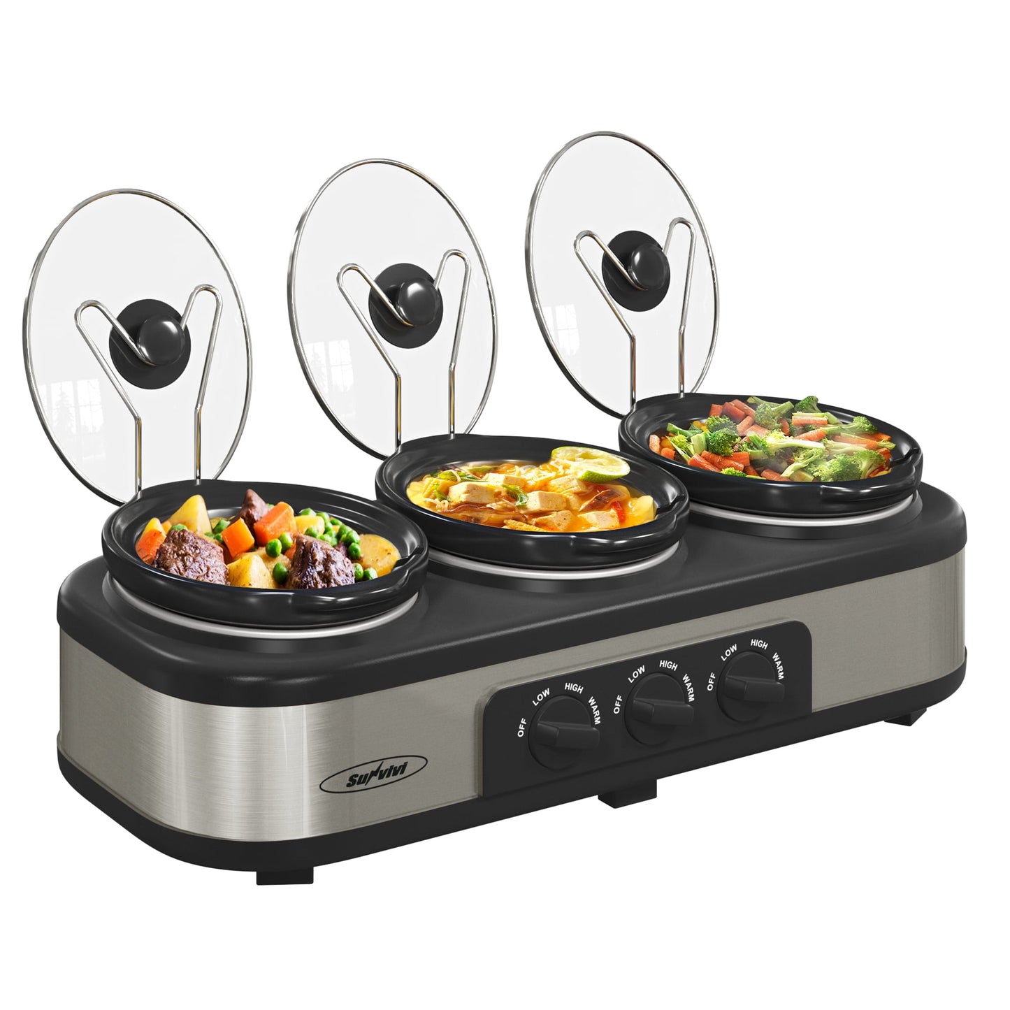 Triple Slow Cooker with 3 Spoons, 3 Pot 1.5 Quart Oval Crock Food Warmer Buffet Server, Stainless Steel