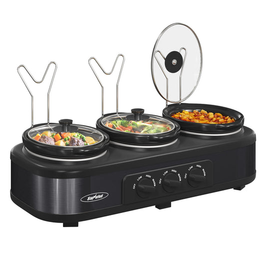 Triple Slow Cooker with 3 Spoons, 3 Pot 1.5 Quart Oval Crock Food Warmer Buffet Server, Stainless Steel