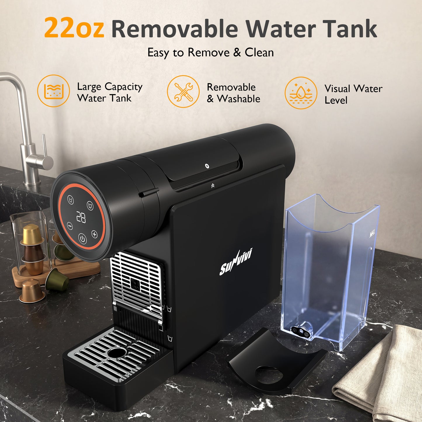 22OZ Single Serve Capsule Coffee Maker, Compact Espresso Machine