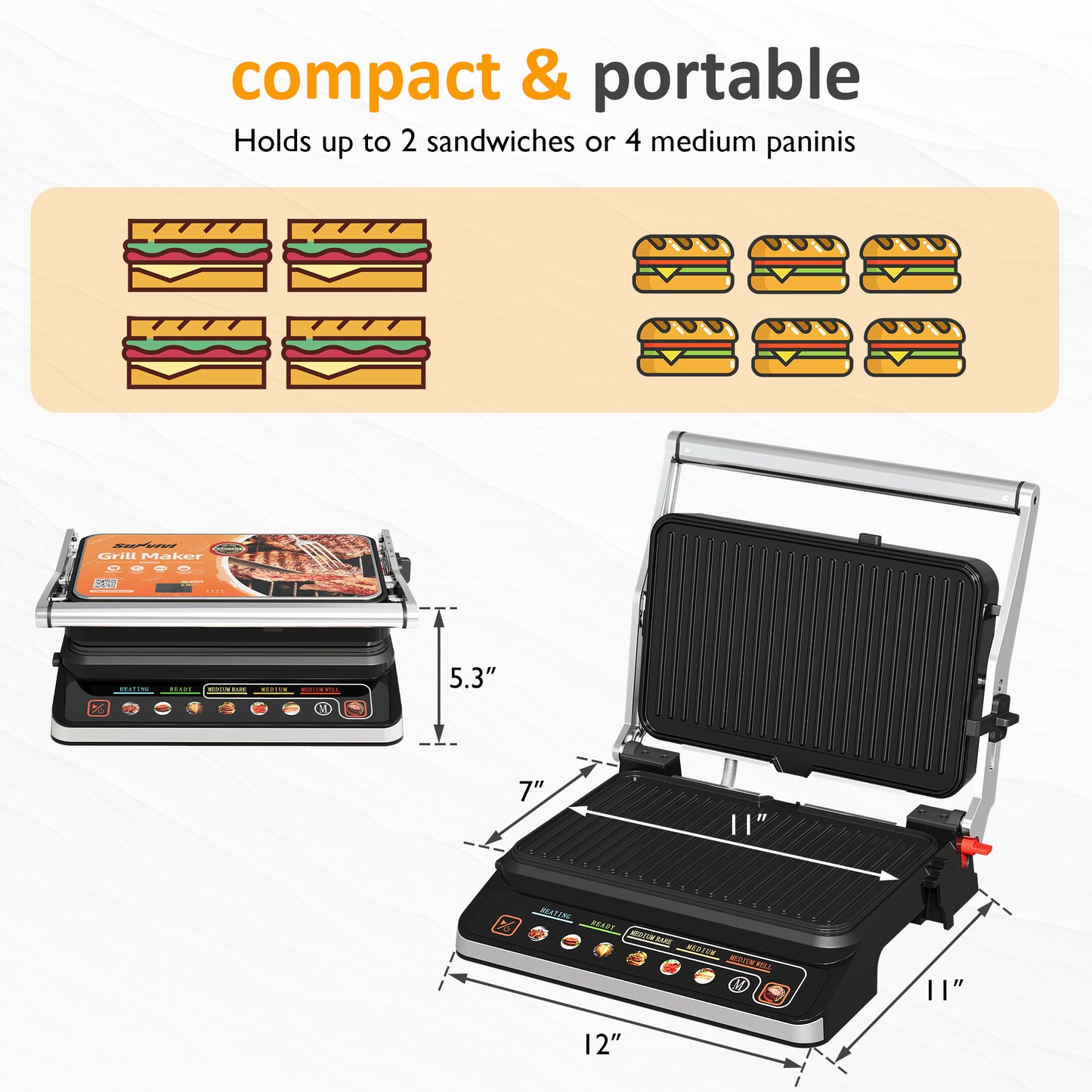 SUNVIVI 3-in-1 Electric Grill Indoor with Preset Menu, 1600W