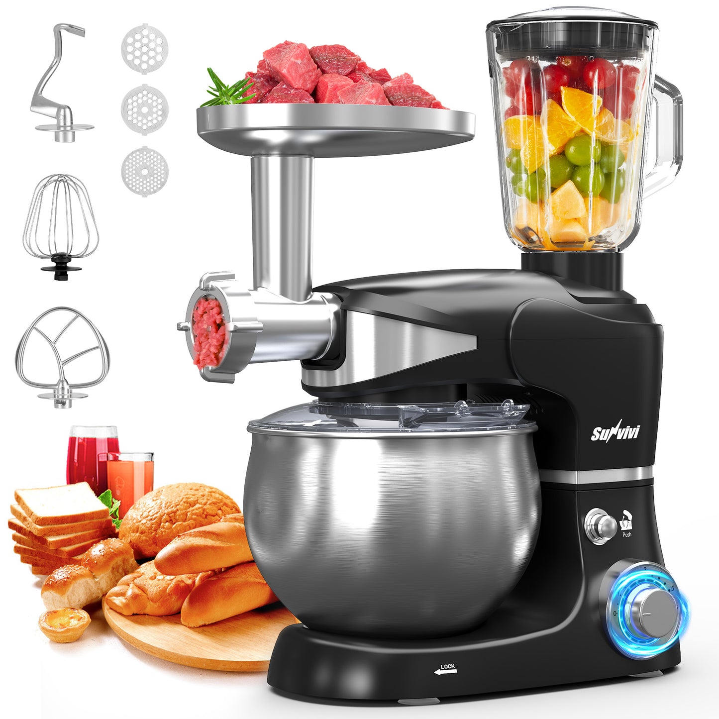 Sunvivi 3-in-1 Multifuctional Stand Mixer: 400W Kitchen Electric Mixer with 6 Speeds, Tilt-Head, 6.5QT Dough Mixer Machine with Stainless Steel Bowl, Dough Hook, Beater, Whisk, Meat Grinder, Juice Blender – Ideal for Baking, Cooking