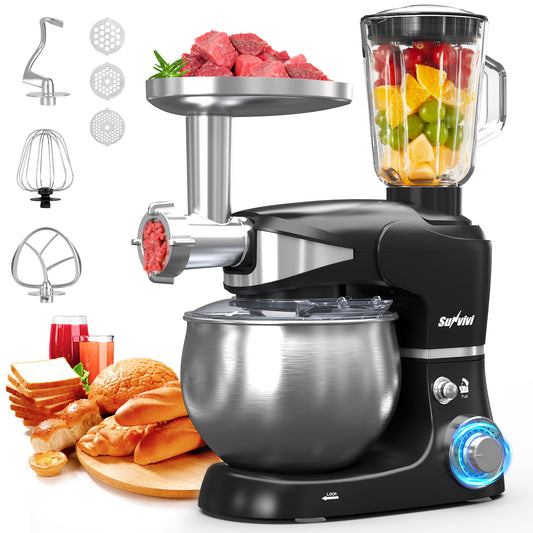 Sunvivi 3-in-1 Multifuctional Stand Mixer: 400W Kitchen Electric Mixer with 6 Speeds, Tilt-Head, 6.5QT Dough Mixer Machine with Stainless Steel Bowl, Dough Hook, Beater, Whisk, Meat Grinder, Juice Blender – Ideal for Baking, Cooking
