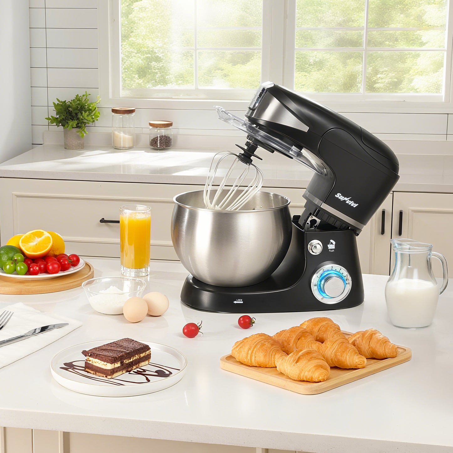 Sunvivi 3-in-1 Multifuctional Stand Mixer: 400W Kitchen Electric Mixer with 6 Speeds, Tilt-Head, 6.5QT Dough Mixer Machine with Stainless Steel Bowl, Dough Hook, Beater, Whisk, Meat Grinder, Juice Blender – Ideal for Baking, Cooking