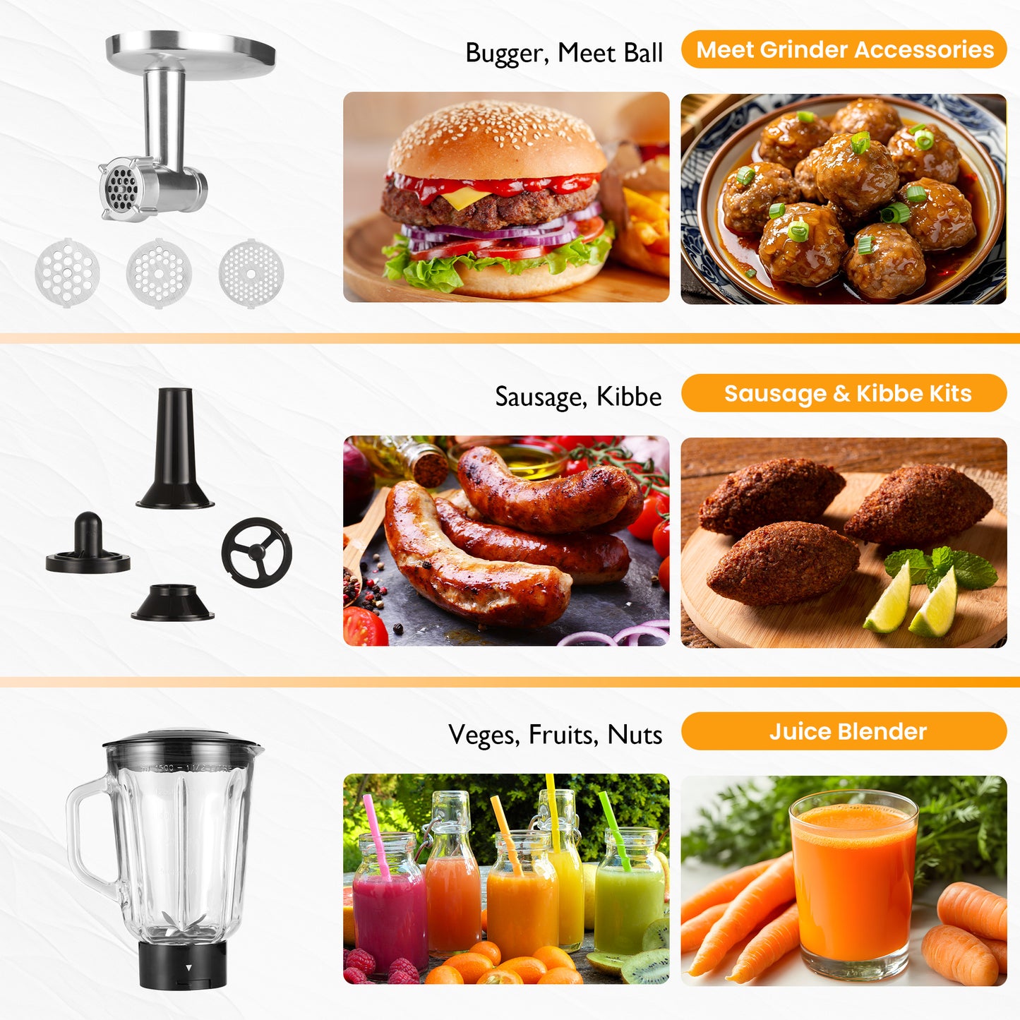 Sunvivi 3-in-1 Multifuctional Stand Mixer: 400W Kitchen Electric Mixer with 6 Speeds, Tilt-Head, 6.5QT Dough Mixer Machine with Stainless Steel Bowl, Dough Hook, Beater, Whisk, Meat Grinder, Juice Blender – Ideal for Baking, Cooking
