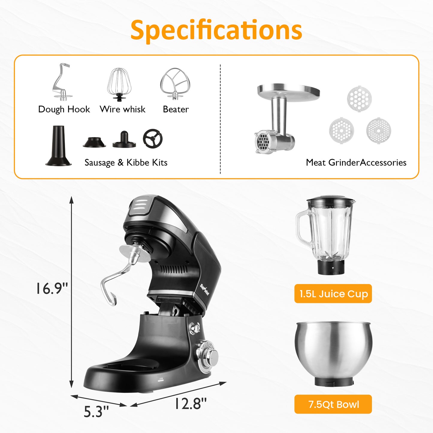 Sunvivi 3-in-1 Multifuctional Stand Mixer: 400W Kitchen Electric Mixer with 6 Speeds, Tilt-Head, 6.5QT Dough Mixer Machine with Stainless Steel Bowl, Dough Hook, Beater, Whisk, Meat Grinder, Juice Blender – Ideal for Baking, Cooking