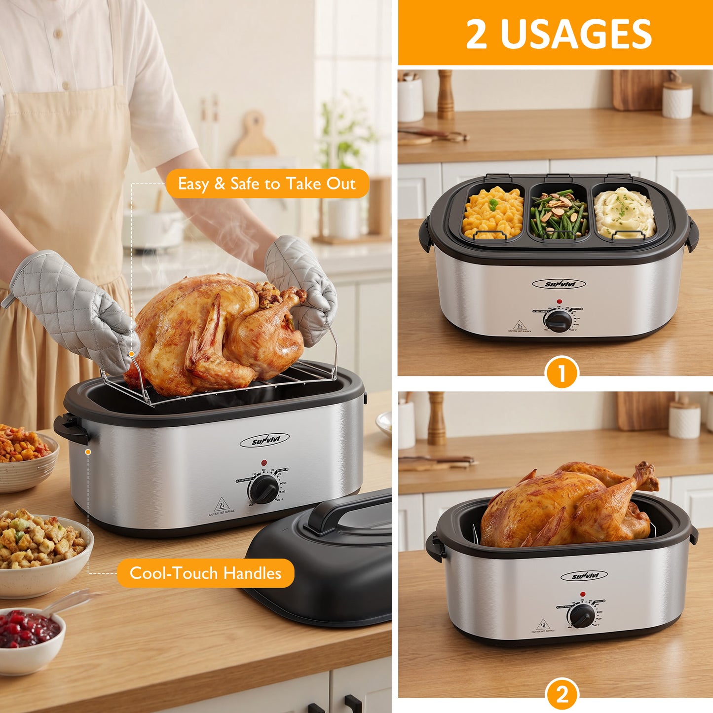 Sunvivi Turkey Roaster with 3 Separate Buffet Server Trays, 22QT