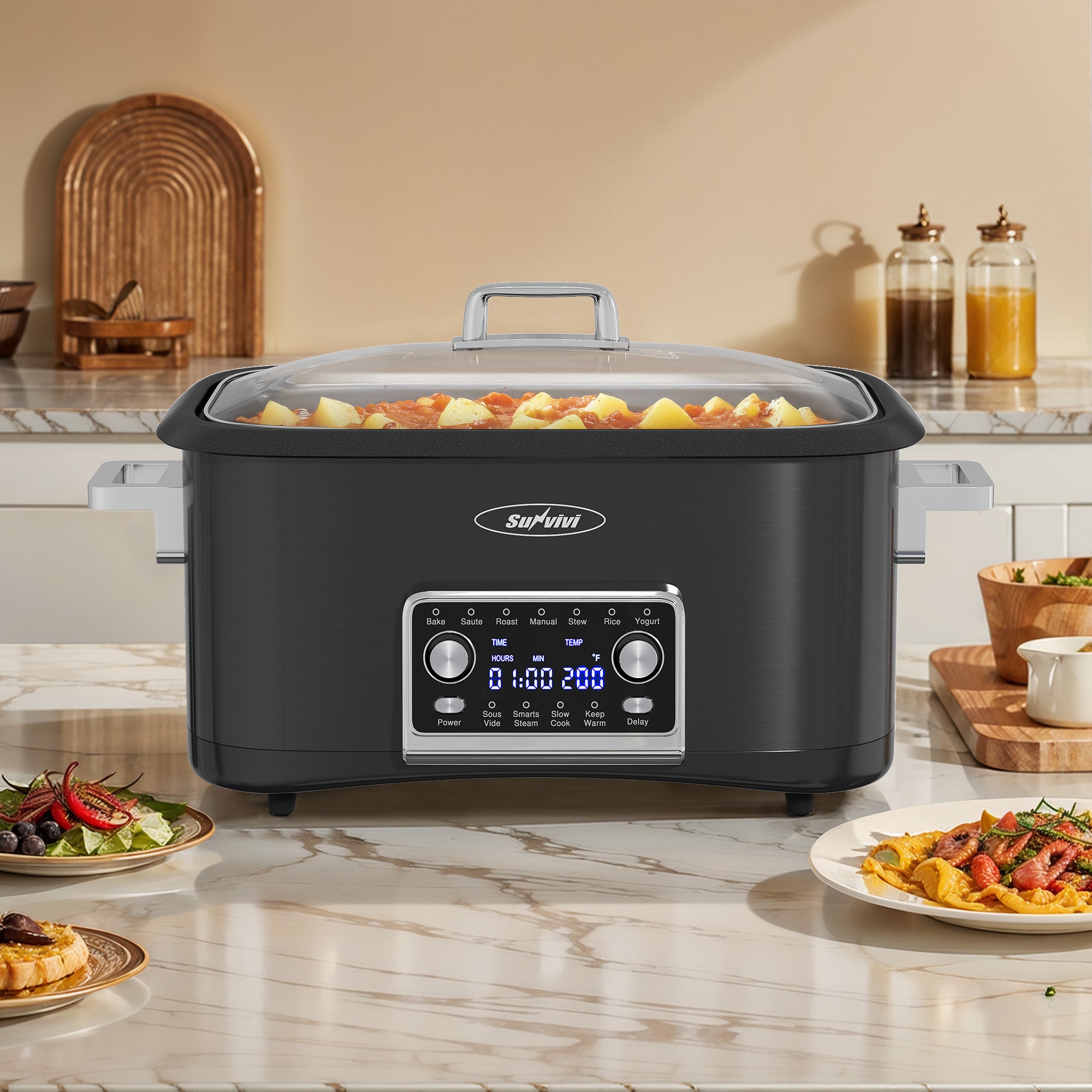 Sunvivi 8 Quart Slow Cooker Roaster Oven, 12 in 1 Programmable Multi-Cooker Food Warmer