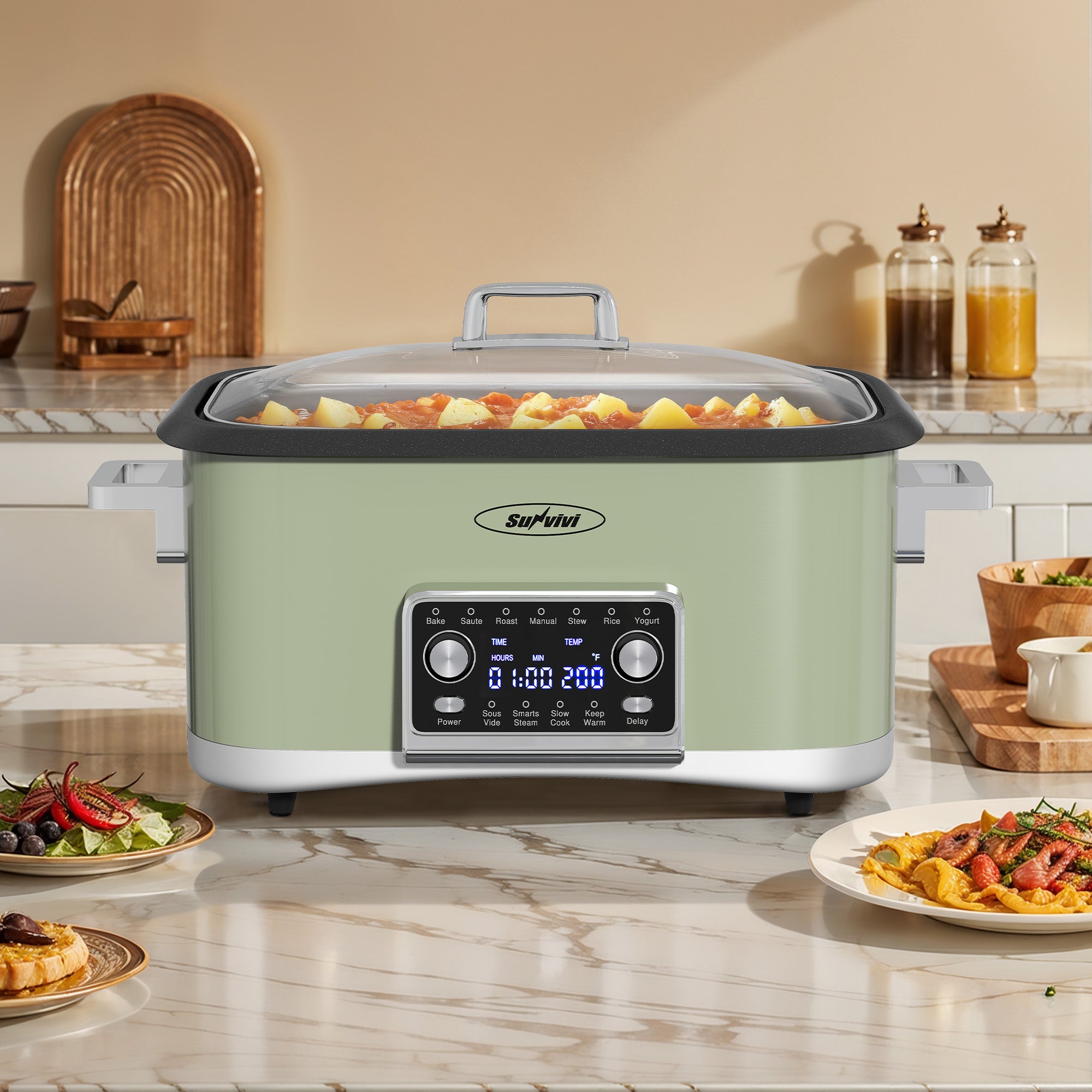 Sunvivi 8 Quart Slow Cooker Roaster Oven, 12 in 1 Programmable Multi-Cooker Food Warmer
