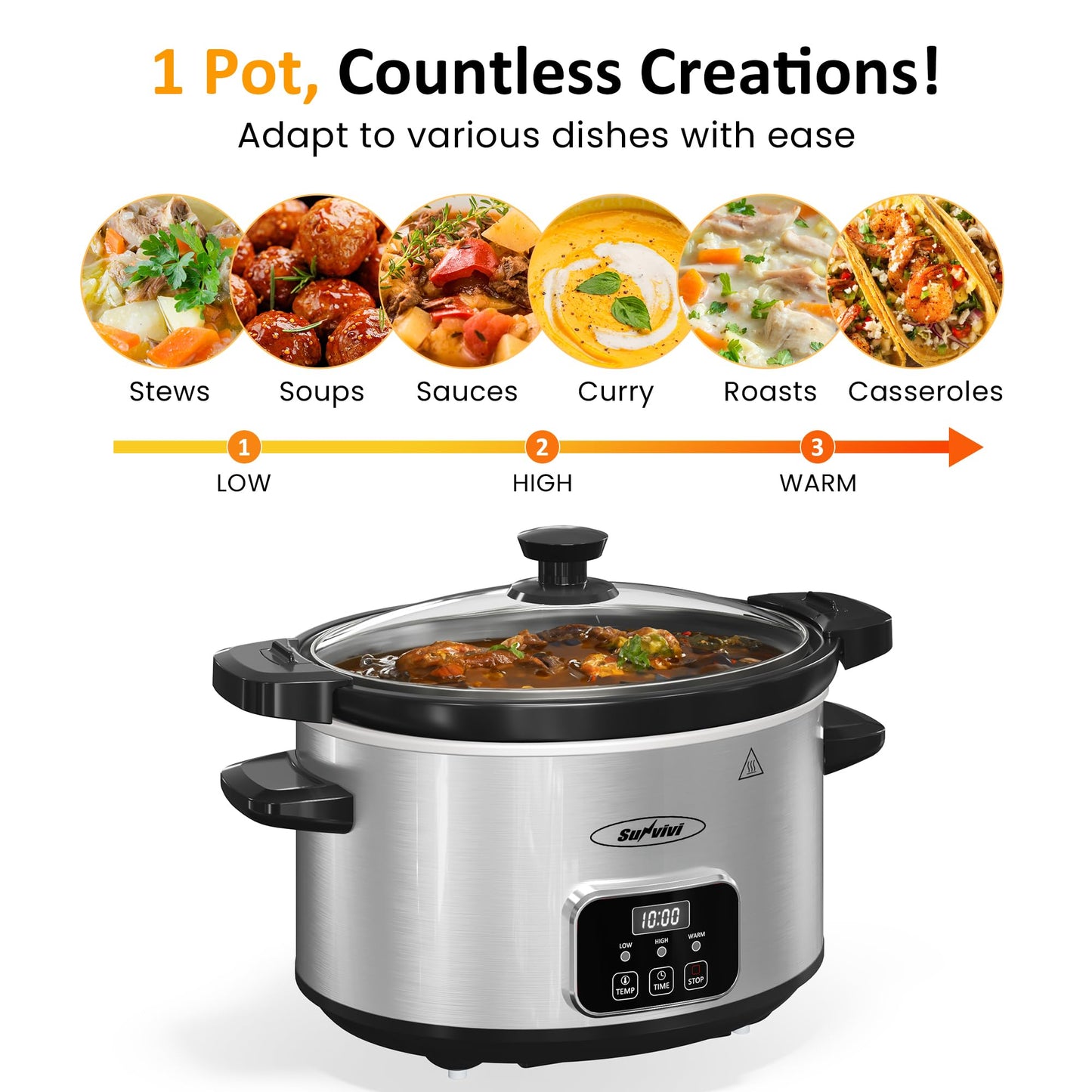 SUNVIVI 4QT Programmable Slow Cooker with Locking Lid, Removable Ceramic Pot, 3 Heating Settings & Timer, Dishwasher-Safe, Stainless Steel