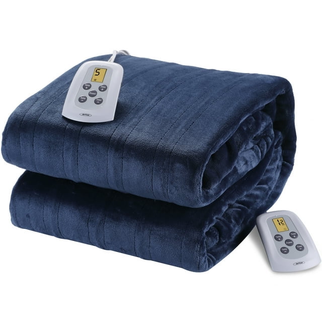 SUNVIVI Electric Blanket Queen Size with Dual Controllers,10 Heating Levels& 12 Hours Auto-off, Blue