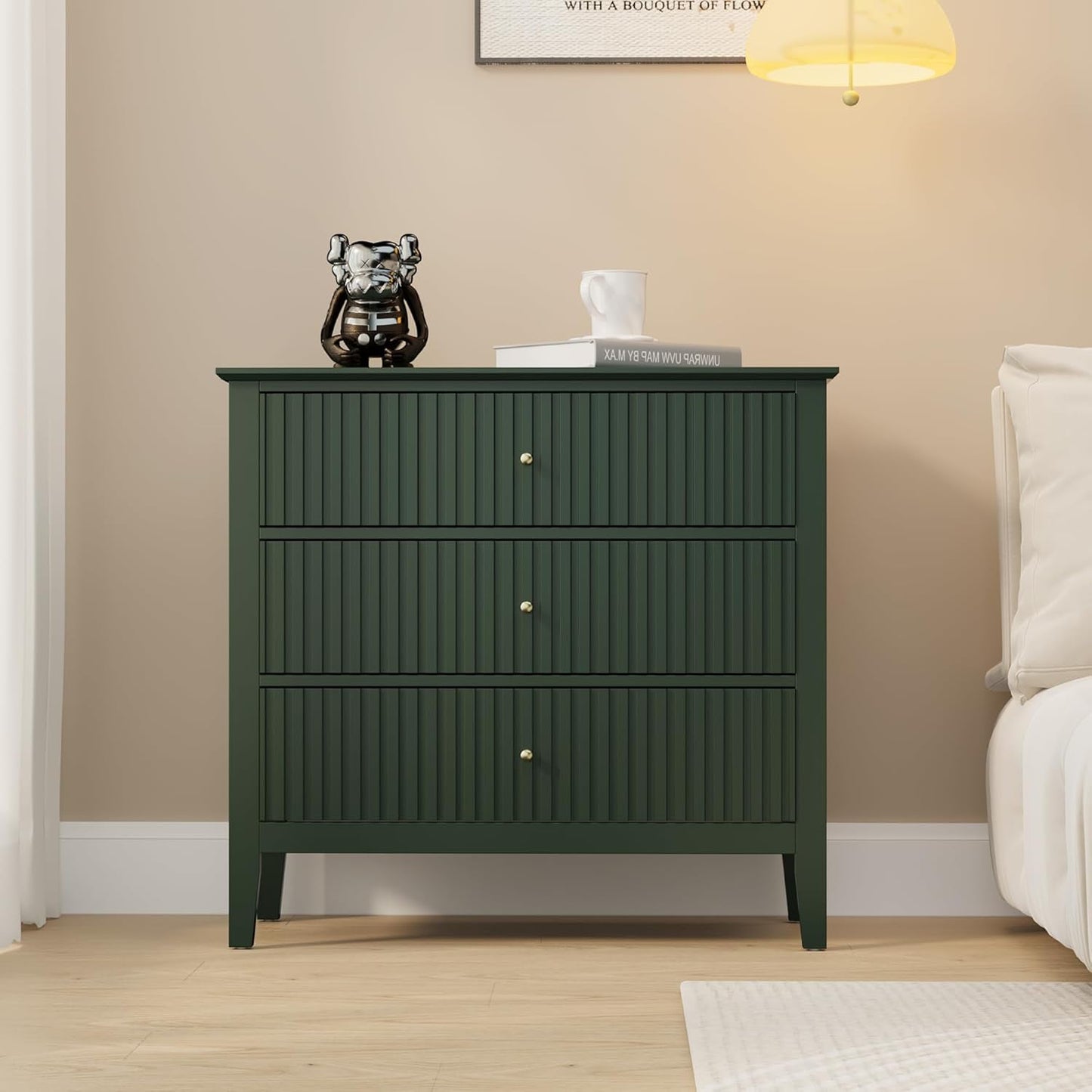 SUNVIVI Fluted 3 Drawer Dresser, Wide Chest of Drawers with Ball Bearing Slide Modern Nightstand Cabinet Wood Dresser with Spacious Storage for Bedroom, Hallway, Living Room, Entryway, Green