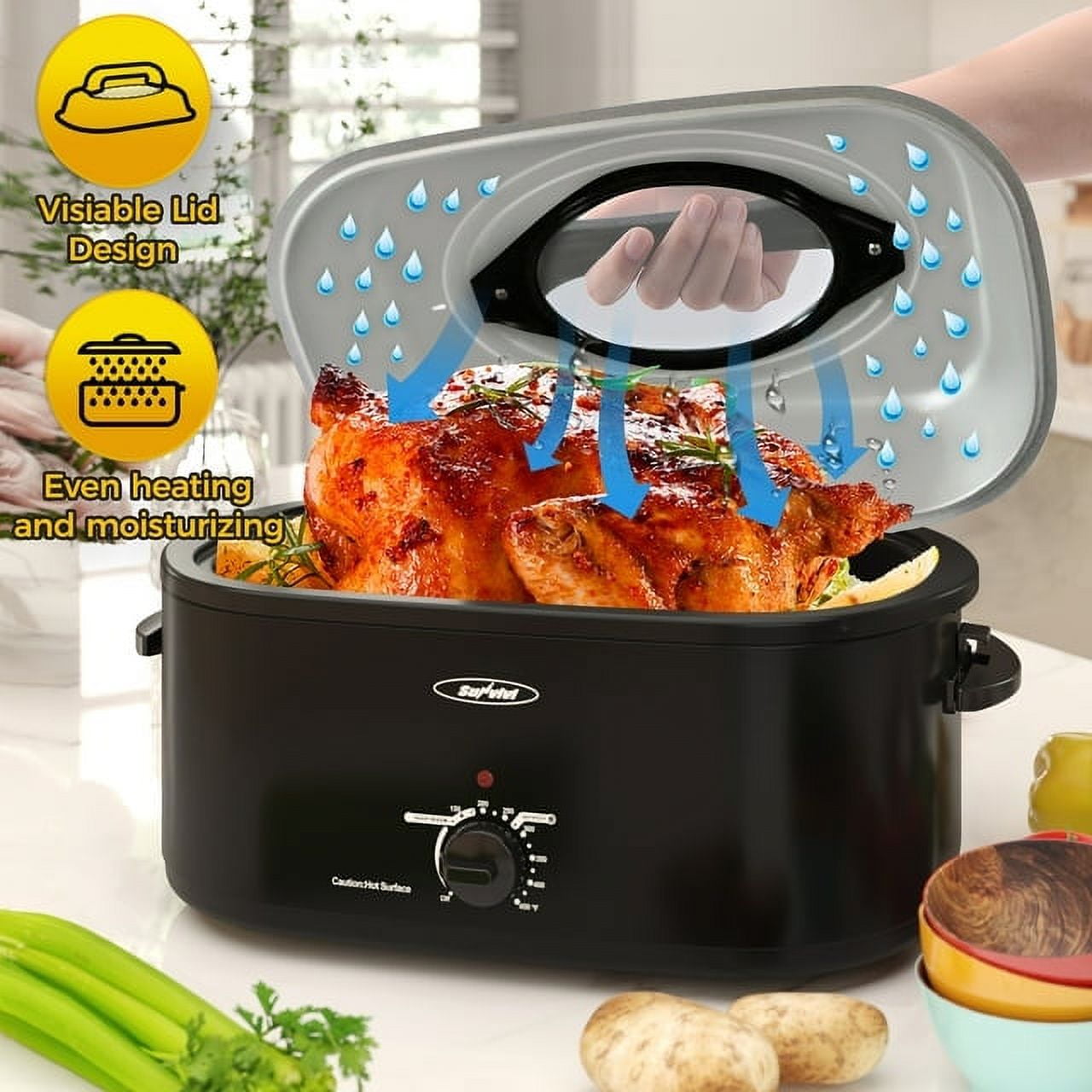 Sunvivi 22 Quart Electric Turkey Roaster Oven with Visible Glass Lid,Removable Pan & Rack, Stainless Steel, Black