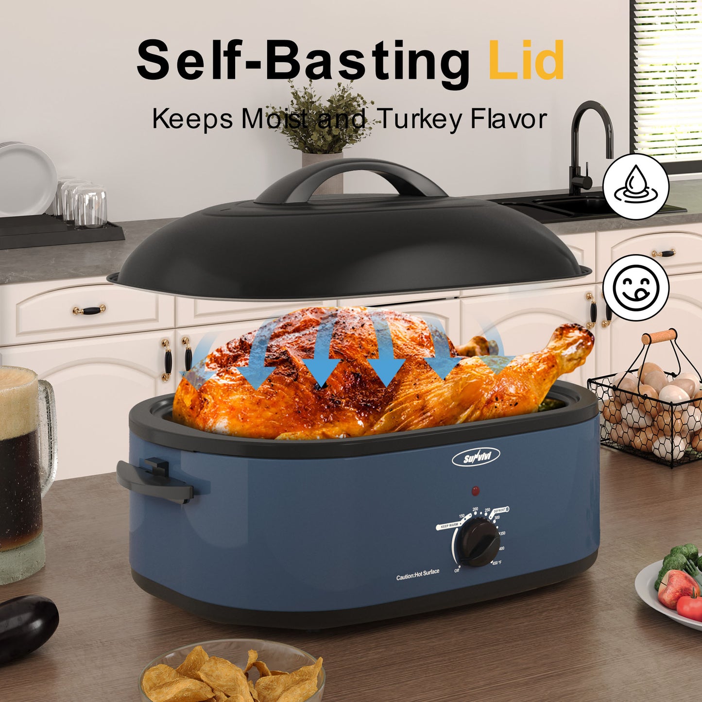 18-Quart Roaster Oven, Electric Roaster Oven with Self-Basting Lid, Turkey Roaster with Unique Defrost/Warm Function, Large Roaster with Removable Pan & Rack, Stainless Steel, Blue