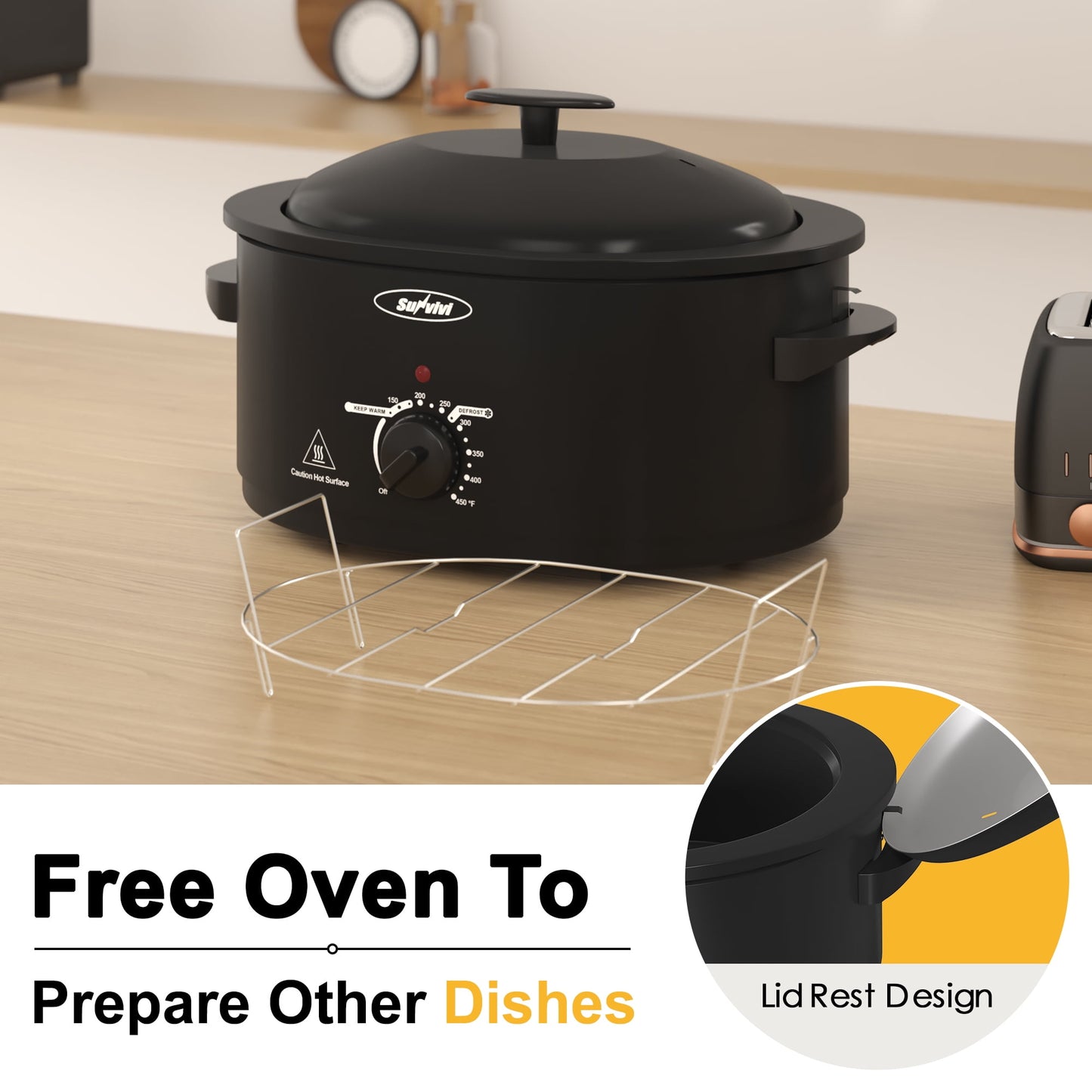 Sunvivi Roaster Oven with Self-Basting Lid, 8qt Electric Roaster with Removable Pan & Rack, Turkey Roaster Oven with Defrost & Warm Function, Stainless Steel, Black