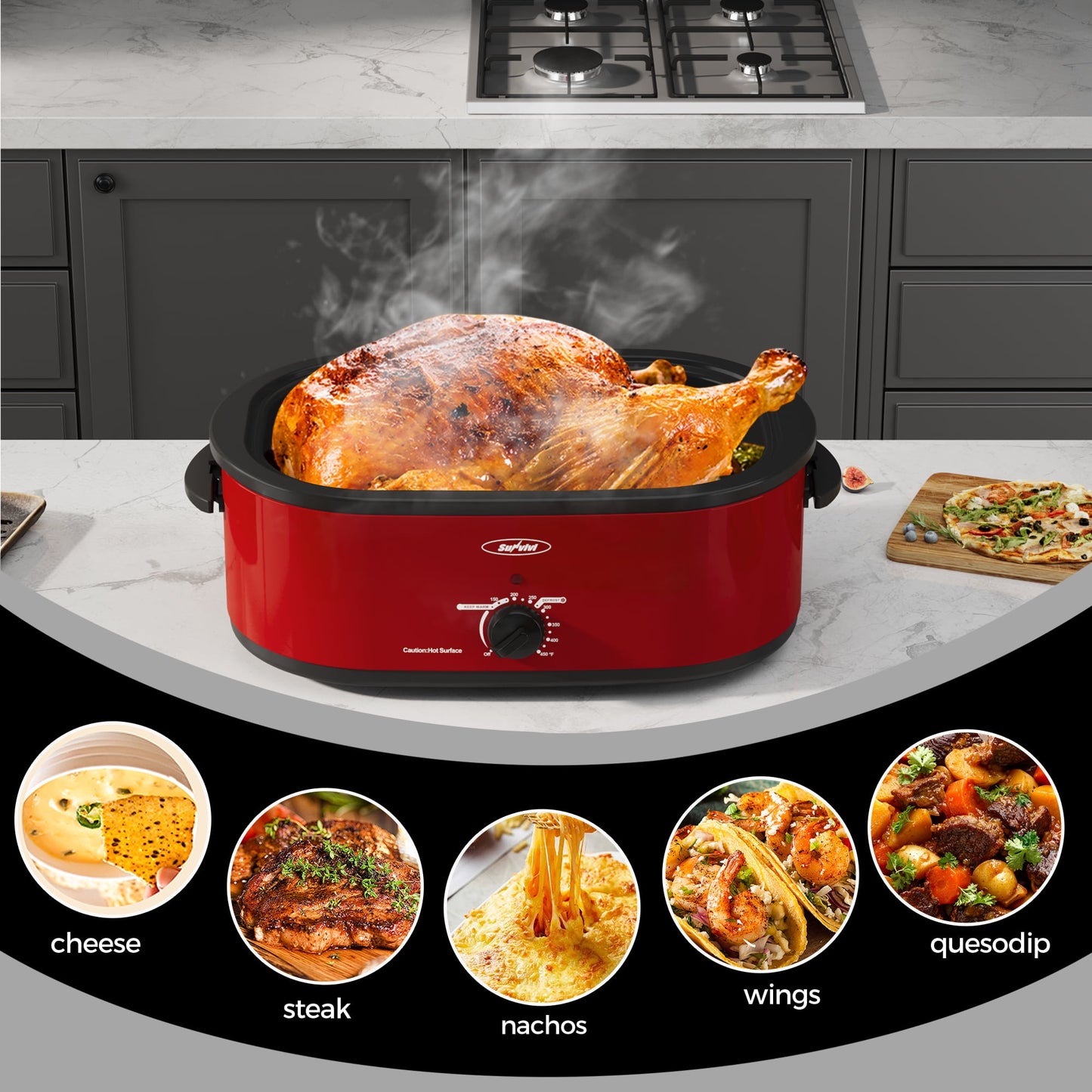 Sunvivi Roaster Oven with Self-Basting Lid, 20qt Electric Roaster with Removable Pan & Rack, Turkey Roaster Oven with Defrost & Warm Function, Stainless Steel, Red