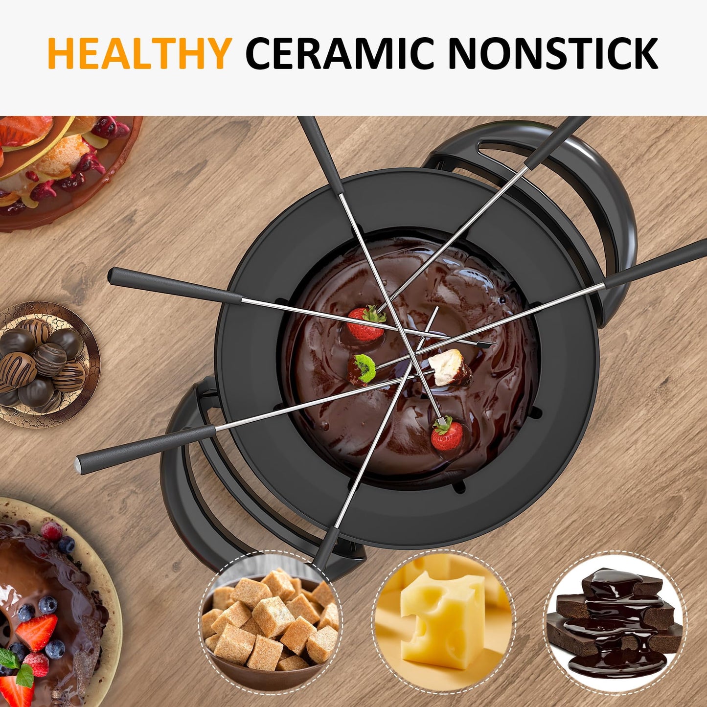 SUNVIVI Electric Fondue Pot Set for Melting Chocolate Cheese, 3 Quart Fondue Set with Adjustable Temperature Control and 8 Color-Coded Forks, 1000W Non-Stick Fondue Maker for Dessert, Oil and Broth