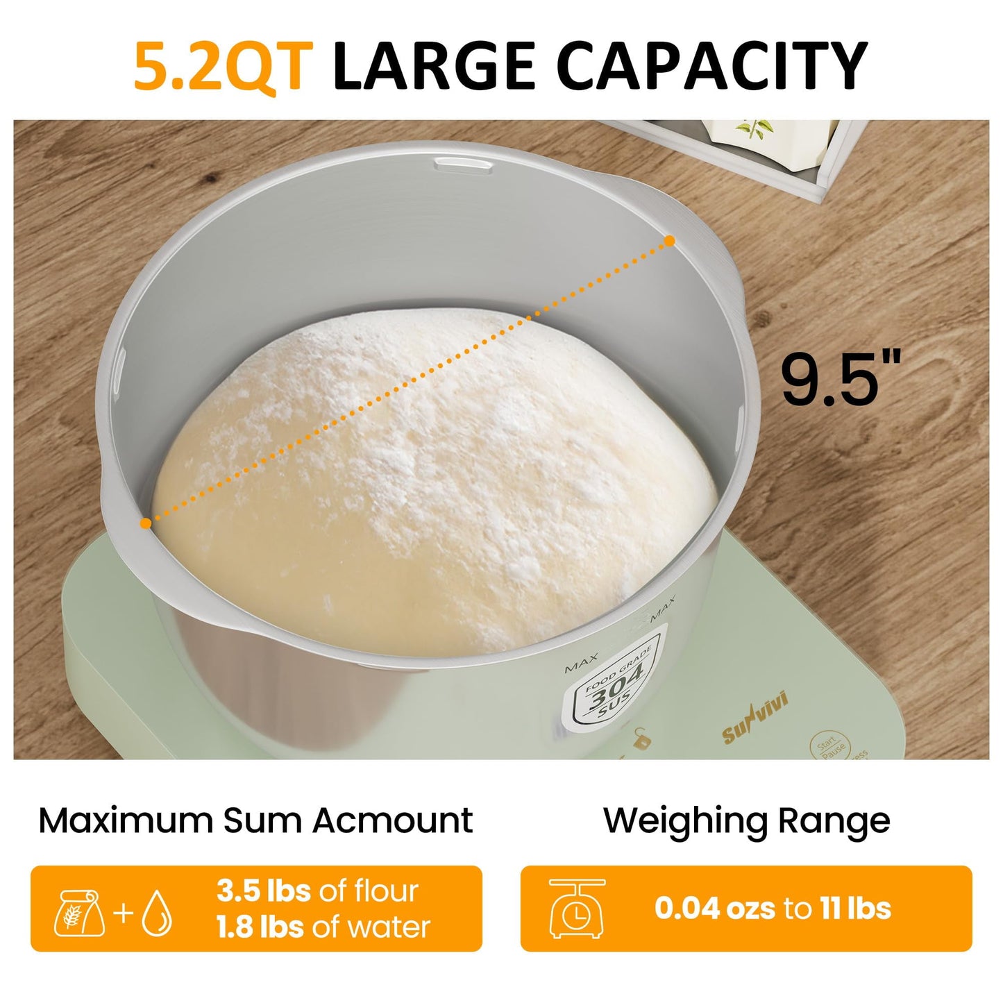 SUNVIVI Electric Dough Maker with Weighing Function,5.2QT Dough Mixer with Ferment Function,Household Dough Maker Kitchen Flour Kneading Machine with Stainless Steel Bowl,Face-up Touch Panel