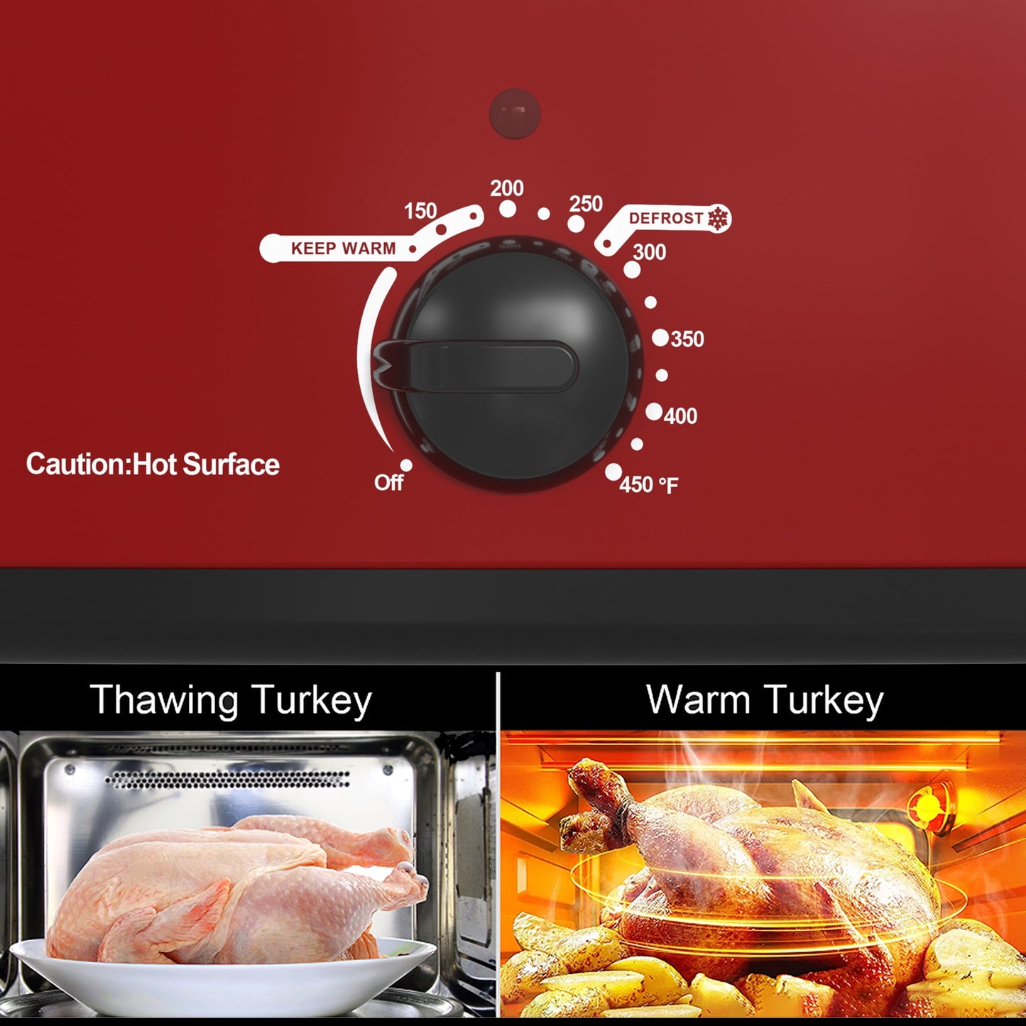 Sunvivi Roaster Oven with Self-Basting Lid, 22qt Electric Roaster with Removable Pan & Rack, Turkey Roaster Oven with Defrost & Warm Function, Stainless Steel, Red