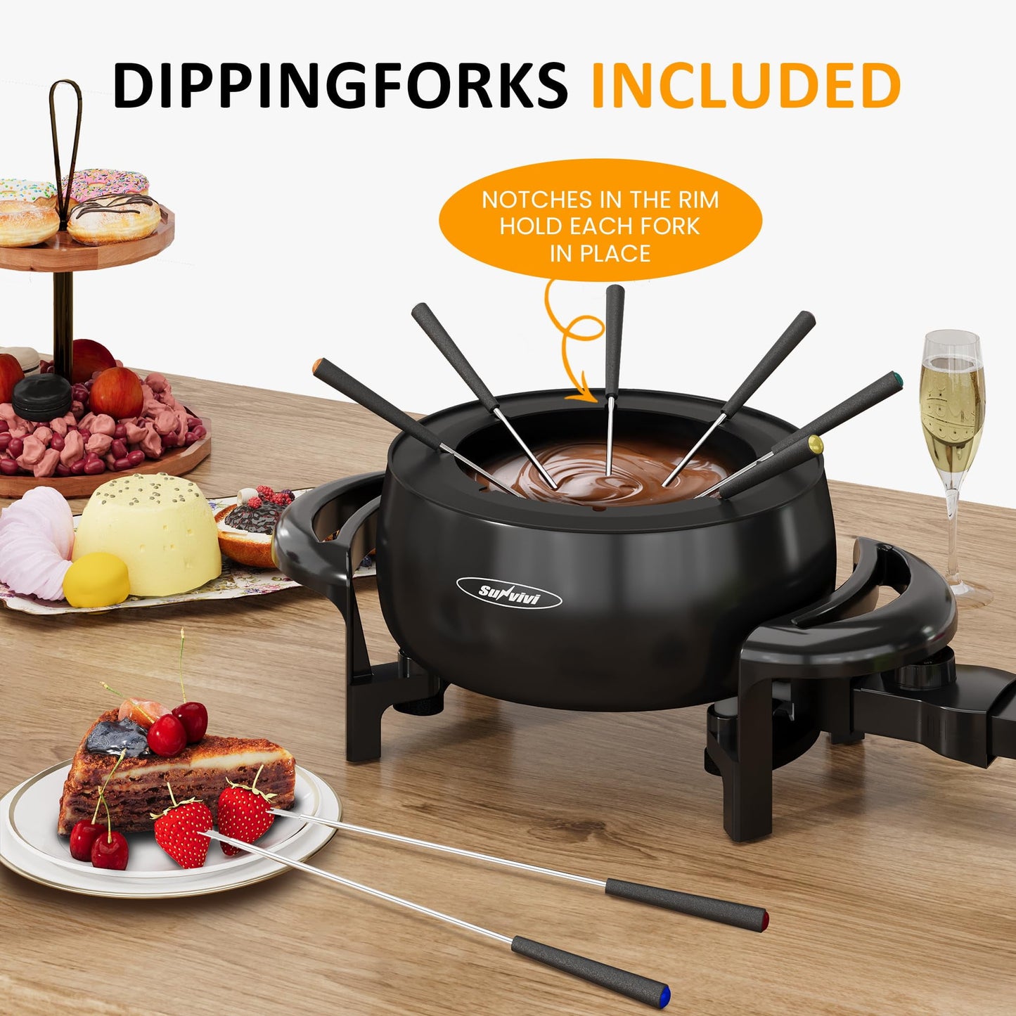 SUNVIVI Electric Fondue Pot Set for Melting Chocolate Cheese, 3 Quart Fondue Set with Adjustable Temperature Control and 8 Color-Coded Forks, 1000W Non-Stick Fondue Maker for Dessert, Oil and Broth