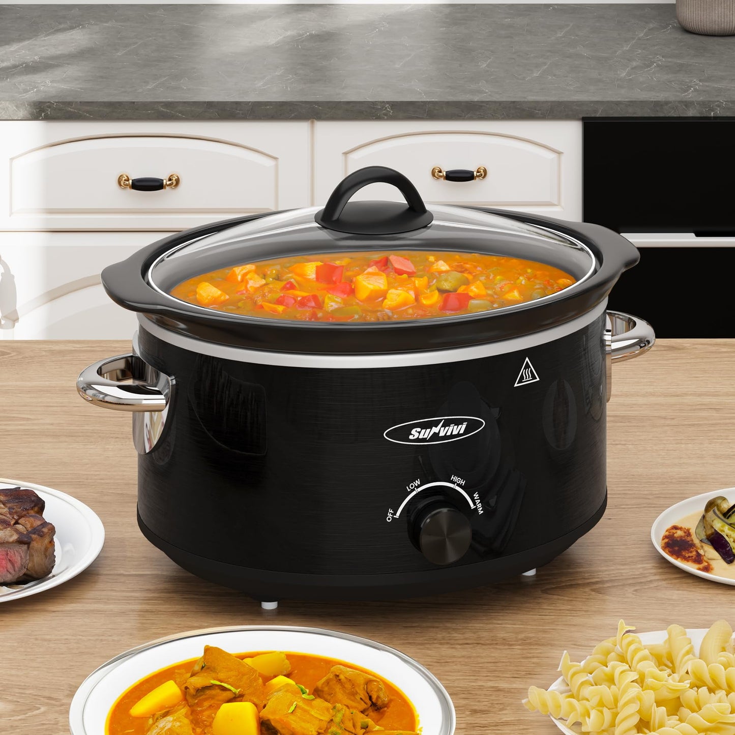 SUNVIVI Small Slow Cooker 4QT, Mini Food Warmer with 3 Heating Settings, Removable Ceramic Pot, Dishwasher Safe Glass Lid, Stainless Steel