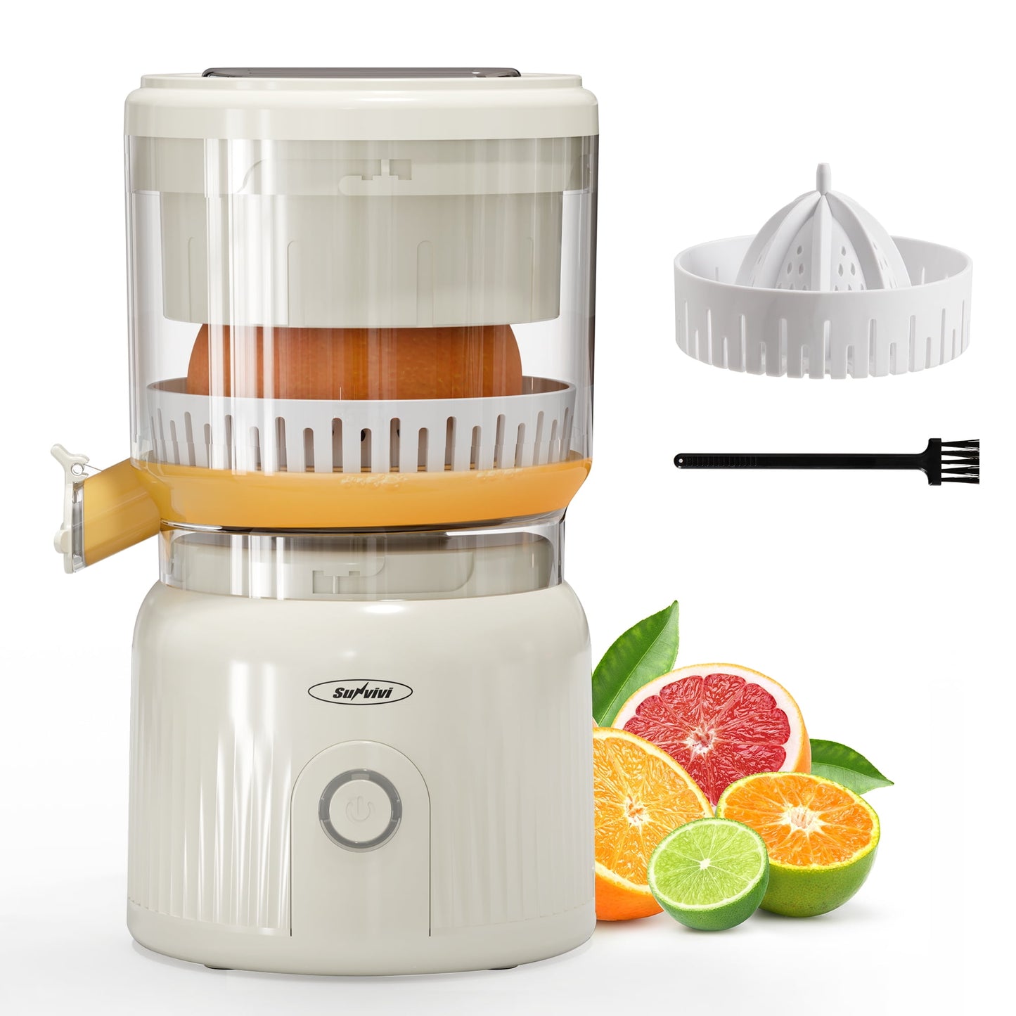 Sunvivi Citrus Juicer Electric, 90W Automatic Orange and Lemon Squeezer, Fast 15,000 RPM Fruit Juicer, Compact Design, Easy to Clean with Cleaning Brush, Beige
