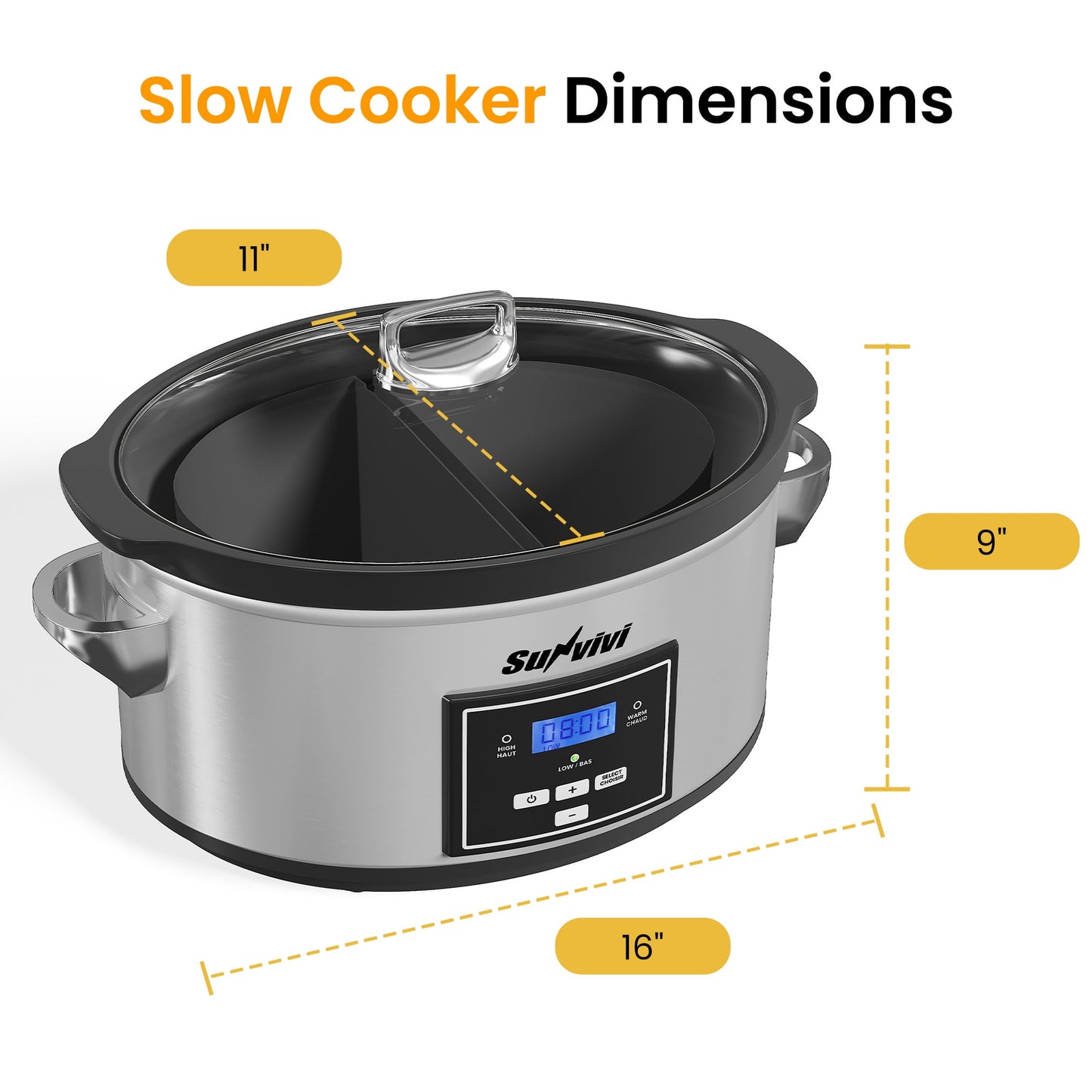 Sunvivi 6 Qt Programmable Slow Cooker with 2-in-1 Silicone Liners - Digital Timer - Silver