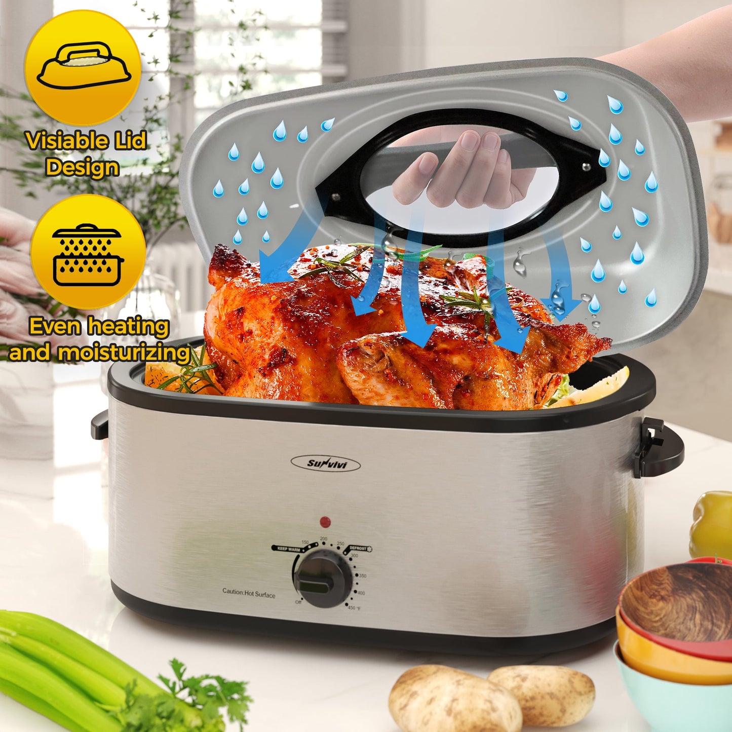 Sunvivi Electric Turkey Turkey Roaster Oven with Visible Glass Lid,Removable Pan & Rack, Stainless Steel