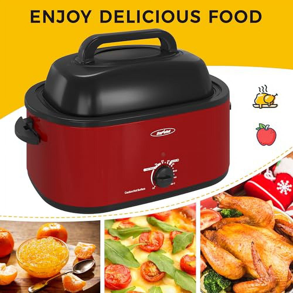 SUNVIVI 20 Quart Turkey Electric Roaster Oven with Self-Basting Lids, Stainless Steel, Red