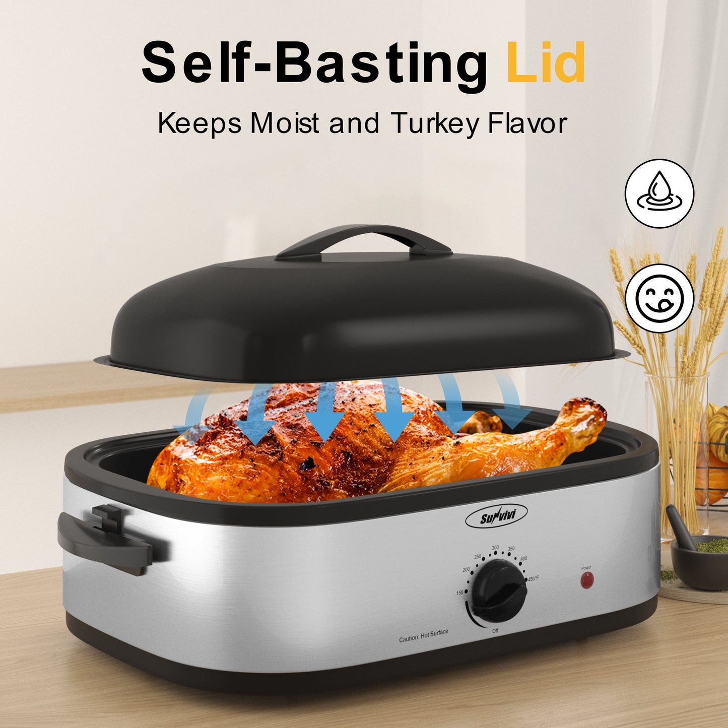 Sunvivi 14-Quart Electric Roaster Oven with Self-Basting Lid, Turkey Roaster Oven with Rack, without pan, Stainless Steel, Silver