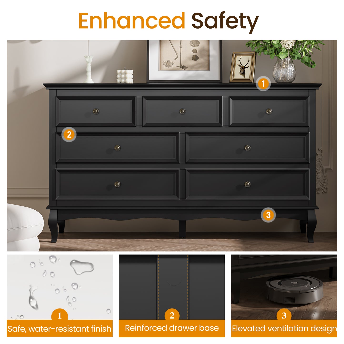 Royalcraft Dresser for Bedroom, 7 Drawers Dresser with Distinctive Wooden Legs & Black Paint Finish, Black Drawer Dresser with Spacious Storage Space for Bedroom, Living Room, Hallway